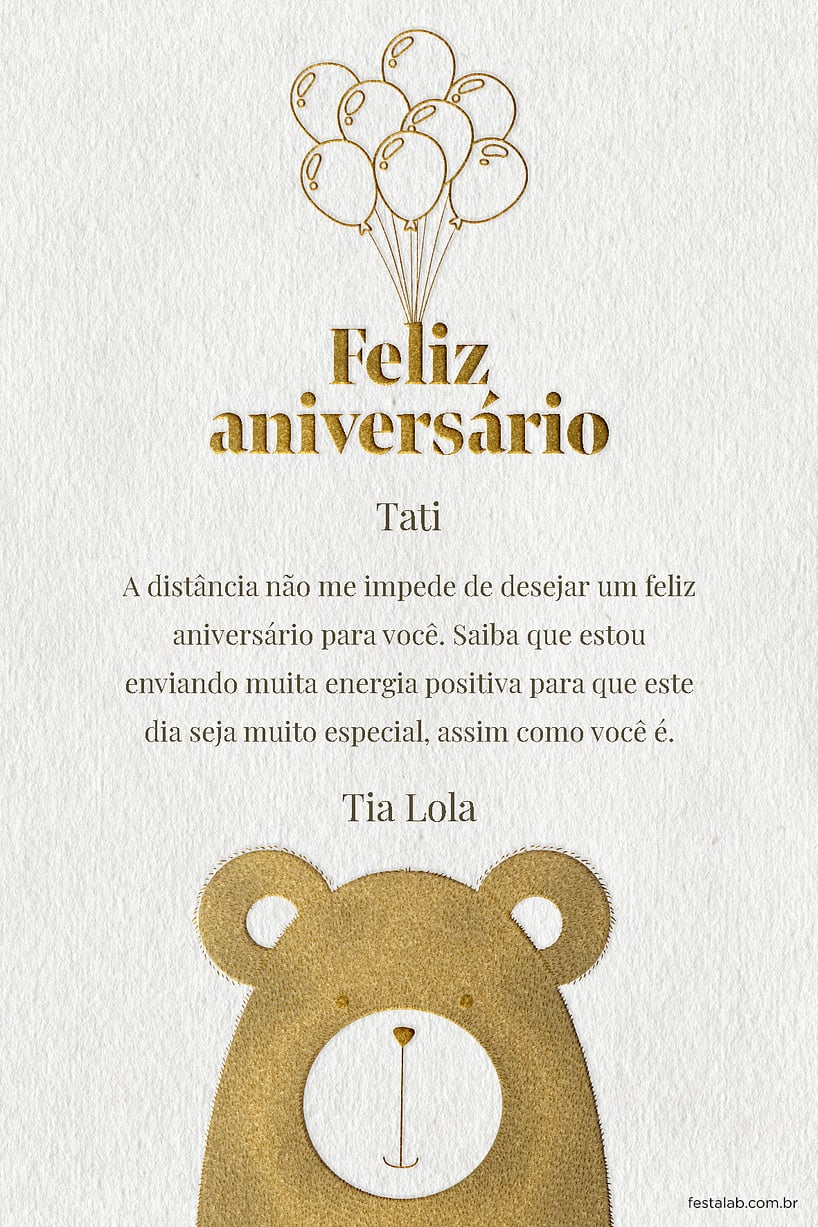 Crie seu Cartão de Aniversário - Ursinho Dourado com a Festalab