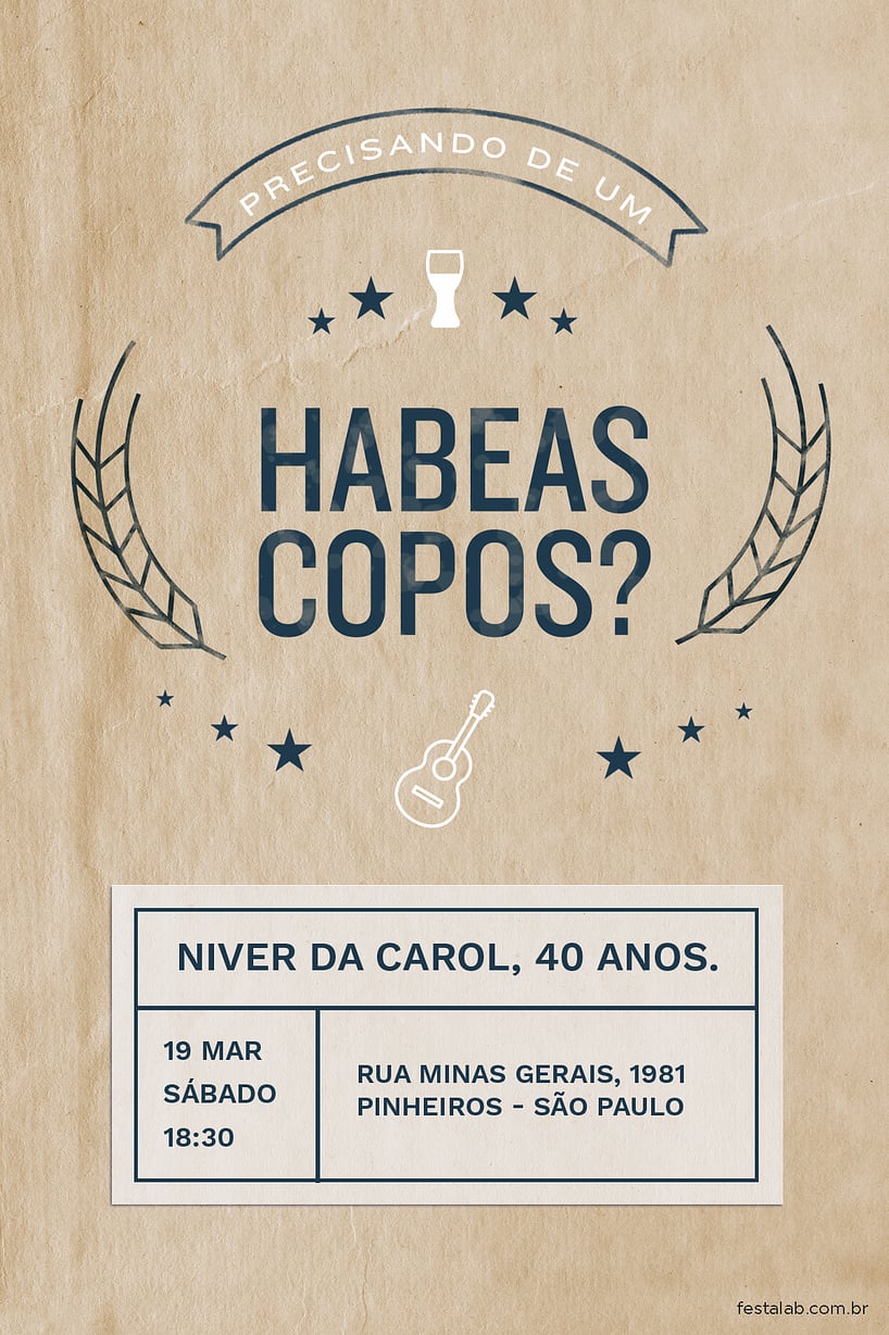 Criar convite de aniversário - Habeas Copos?| FestaLab