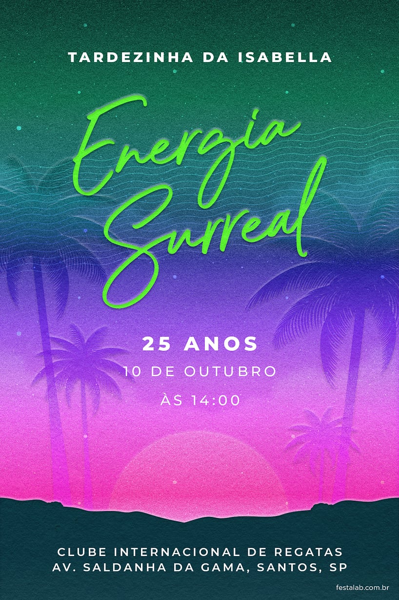 Criar convite de aniversário - Uma Festa ao Pôr do Sol: Verde e Roxo| FestaLab