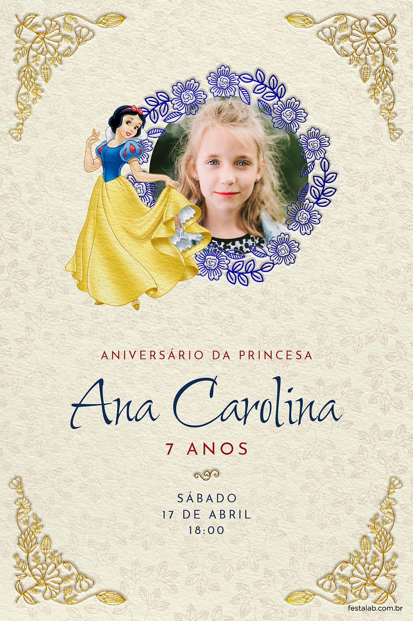 Criar convite de aniversário - Branca de Neve - Creme| FestaLab