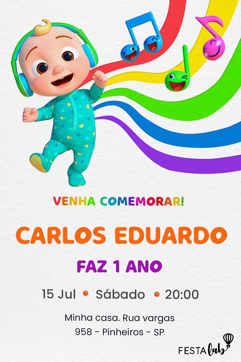 Criar convite de aniversário - Canções de Cocomelon| FestaLab