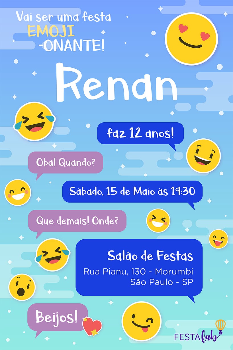 Criar convite de aniversário - Emoji azul| FestaLab