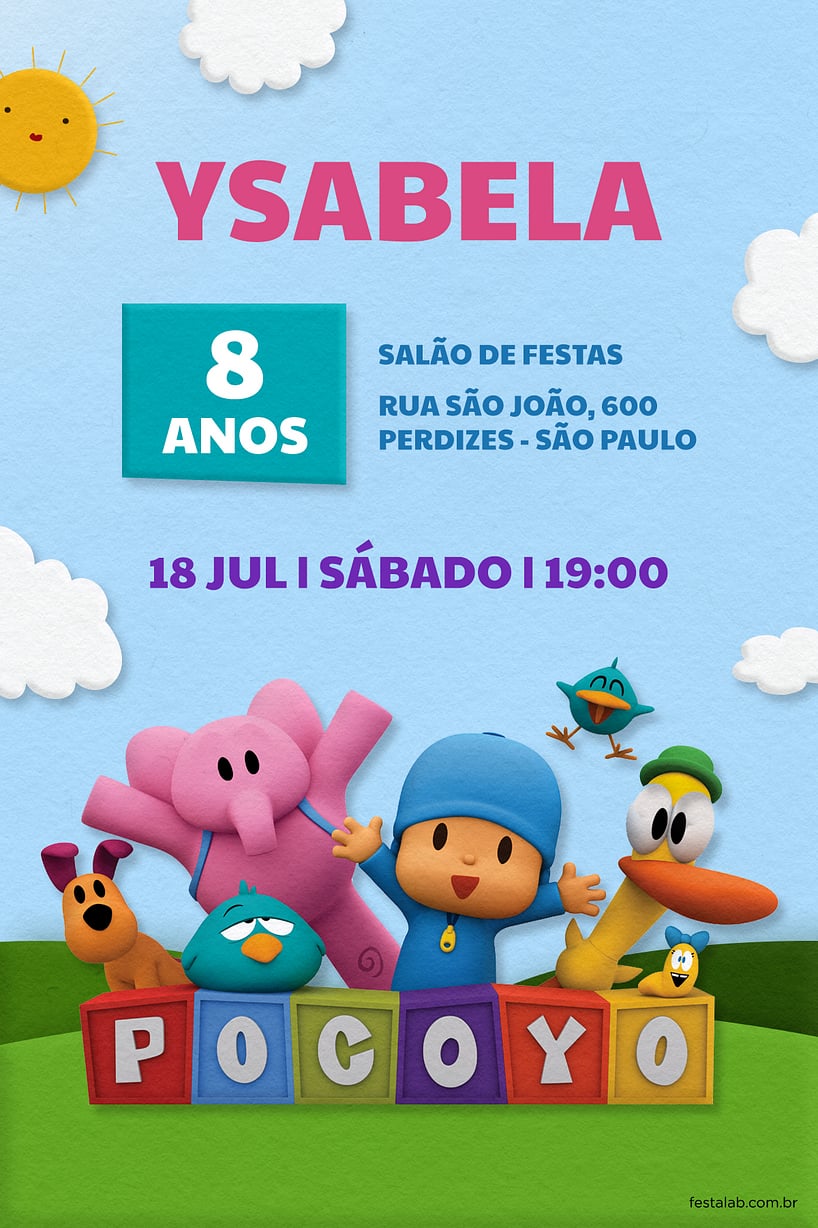 Criar convite de aniversário - Pocoyo e seus Amigos| FestaLab