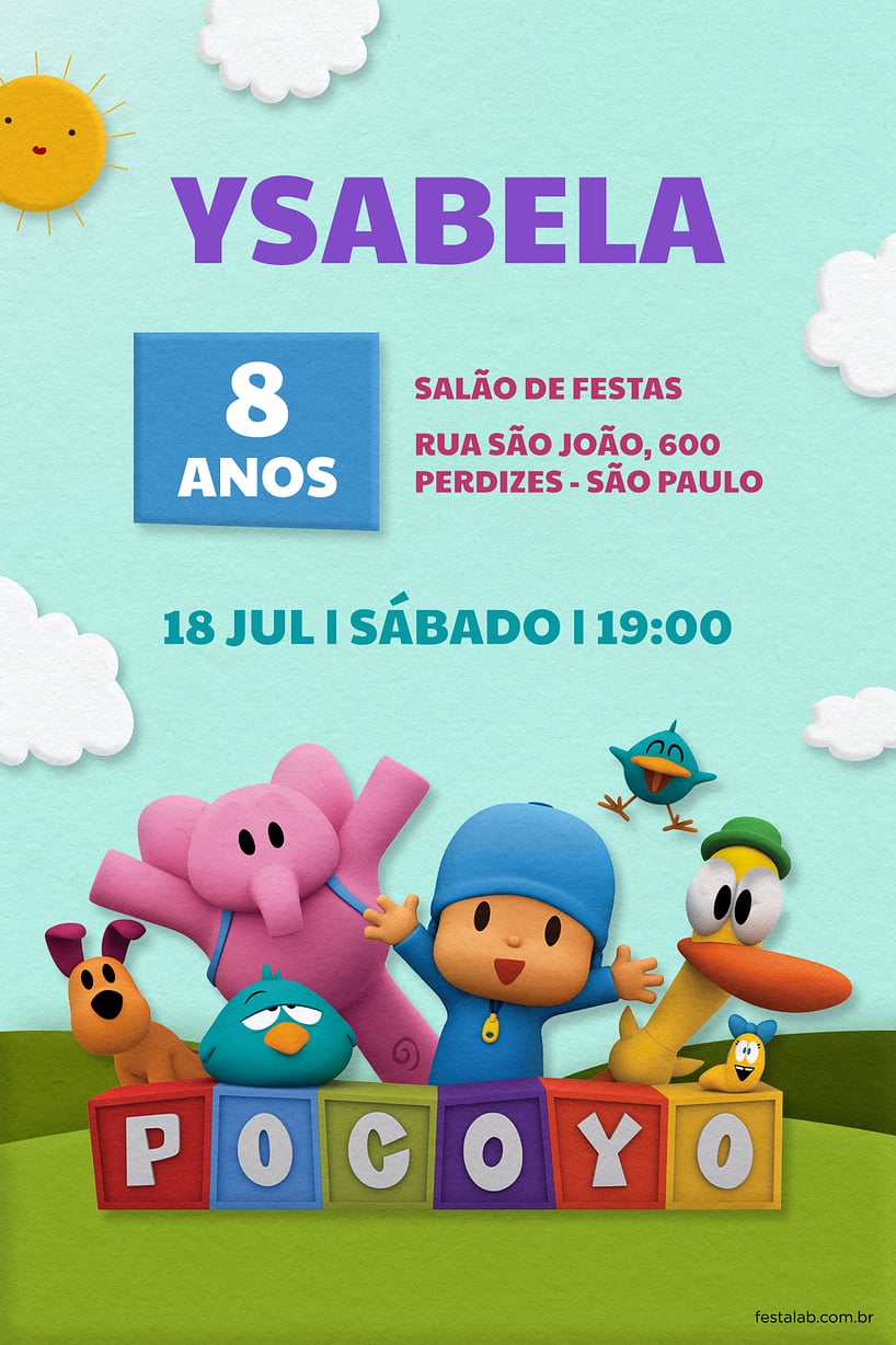 Criar convite de aniversário - Pocoyo e seus Amigos Azul| FestaLab