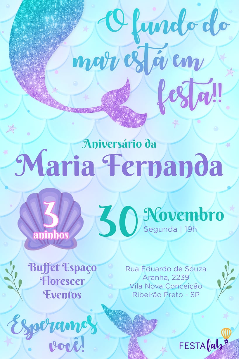 Criar convite de aniversário - Sereia brilhante| FestaLab