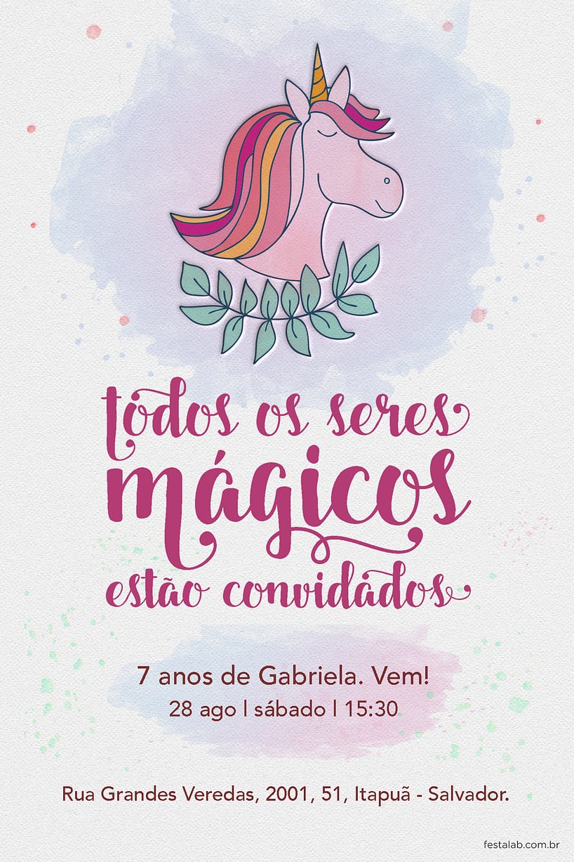 Criar convite de aniversário - Unicórnio Aquarela| FestaLab