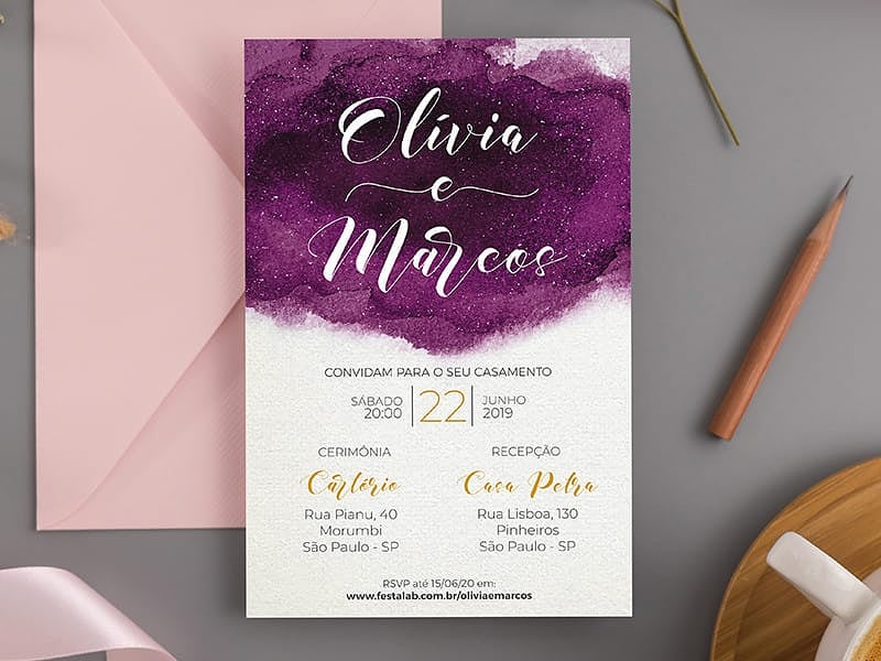 Crie seu convite de casamento - Aquarela Roxo| FestaLab