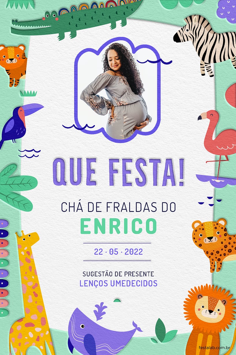 Criar convite de Chá de fraldas - Safari Baby Colorido com Roxo| FestaLab